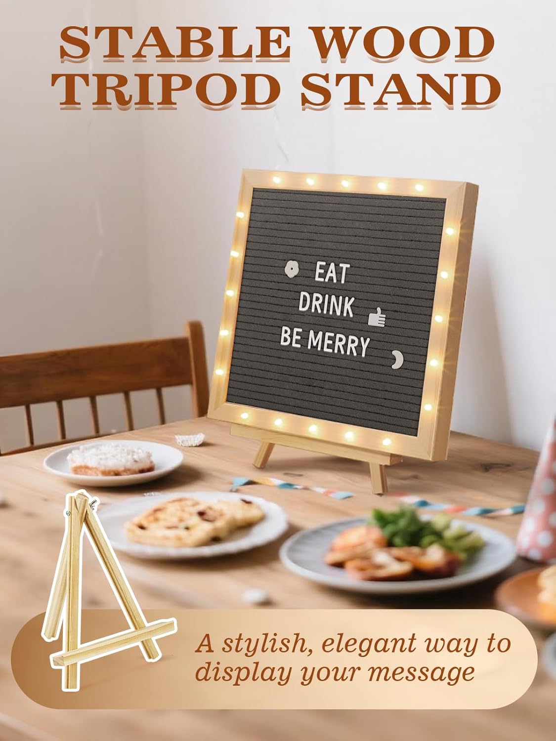 Changeable Felt Letter Board with LED Lights - 10×10" Message Custom Signs & Wood Stand & 450 Letters, Poster Board for Baby/Pregnancy Announcement/Classroom Wall Graduation Decor Gifts, Camel