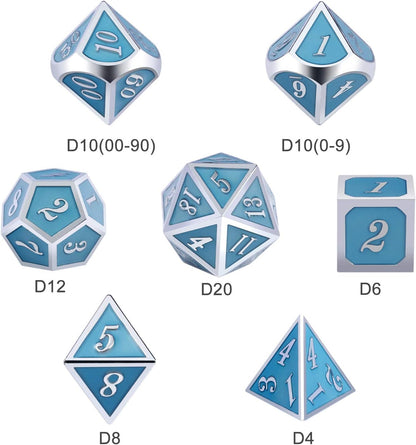 DnDnD Heavy Polyhedral Metal Dice Set with Metal Box, 7-die Shiny Blue Surface with Golden Number for RPG,Dungeons and Dragons,Pathfinder,Shadowrun,D&D,Role Palying Game and Math Teaching - Colors B