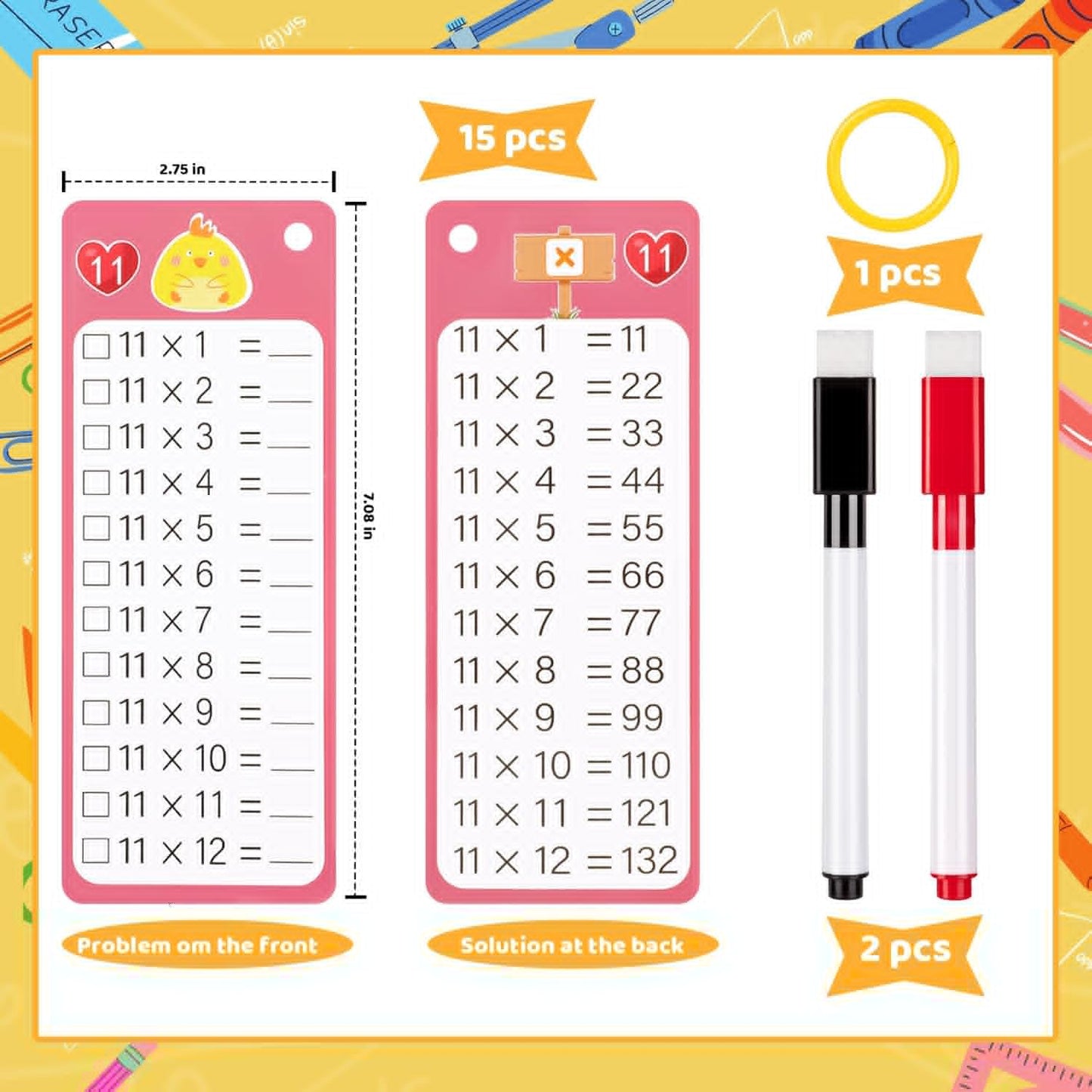 15Pcs Multiplication Flash Cards 0-12, Time Table Flash Cards Chart with 2 Dry Erase Pens 1 Rings, Educational Math Multiplication Chart for 1st to 3rd Grades Fun Learning with Math Game