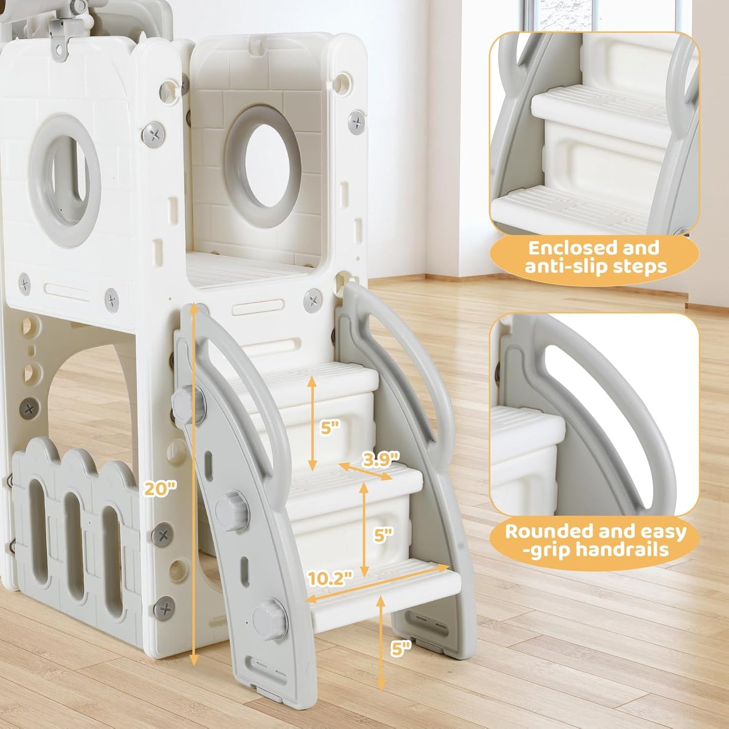 Arlopu 9 in 1 Toddler Slide Set, Kids Large Climber Slide Playset w/Long Slope, Telescope, Storage Space, Enclosed Steps, Indoor Outdoor Playground (White & Gray)