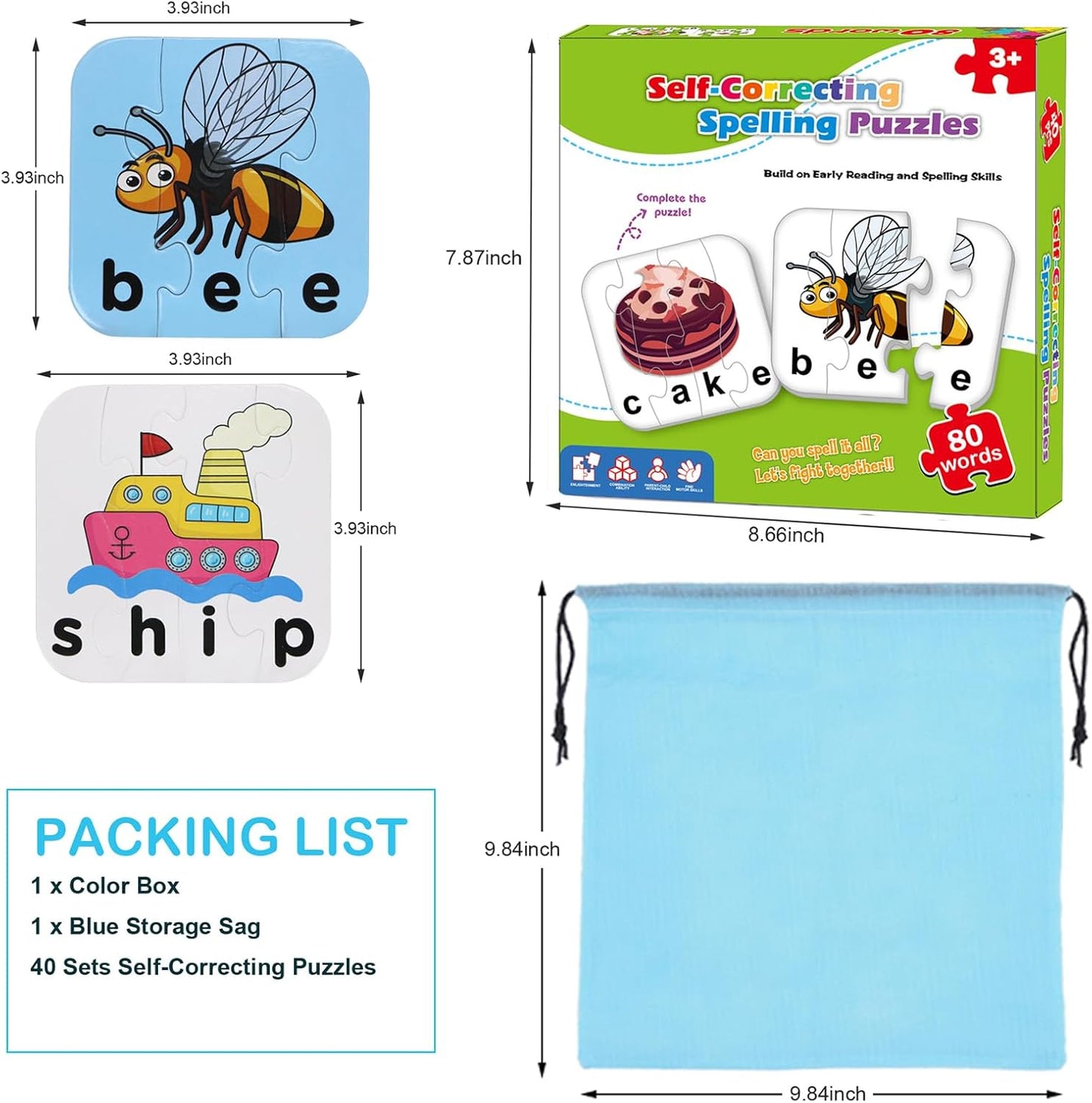 80 Words Self-Correcting Spelling Puzzles, Double-Sided Three and Four Letter Words with Matching Images, Perfect for Kids Age 3+ Year Old