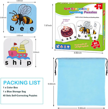 80 Words Self-Correcting Spelling Puzzles, Double-Sided Three and Four Letter Words with Matching Images, Perfect for Kids Age 3+ Year Old