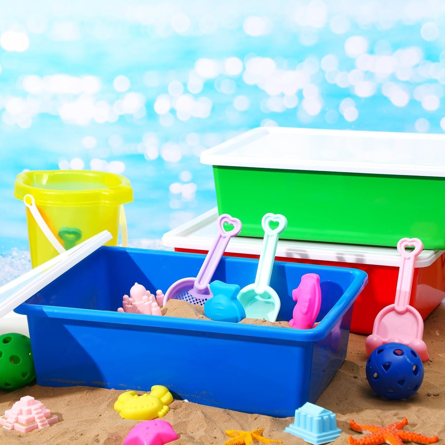 Threehoney 3 Pcs Portable Sand Tray with Lid 15.5 x 11.6 x 5 Inch Small Plastic Sand Box Stackable Sensory Bin Indoor Outdoor Water Play Gifts for Girls Boys School Home(Red, Blue, Green)