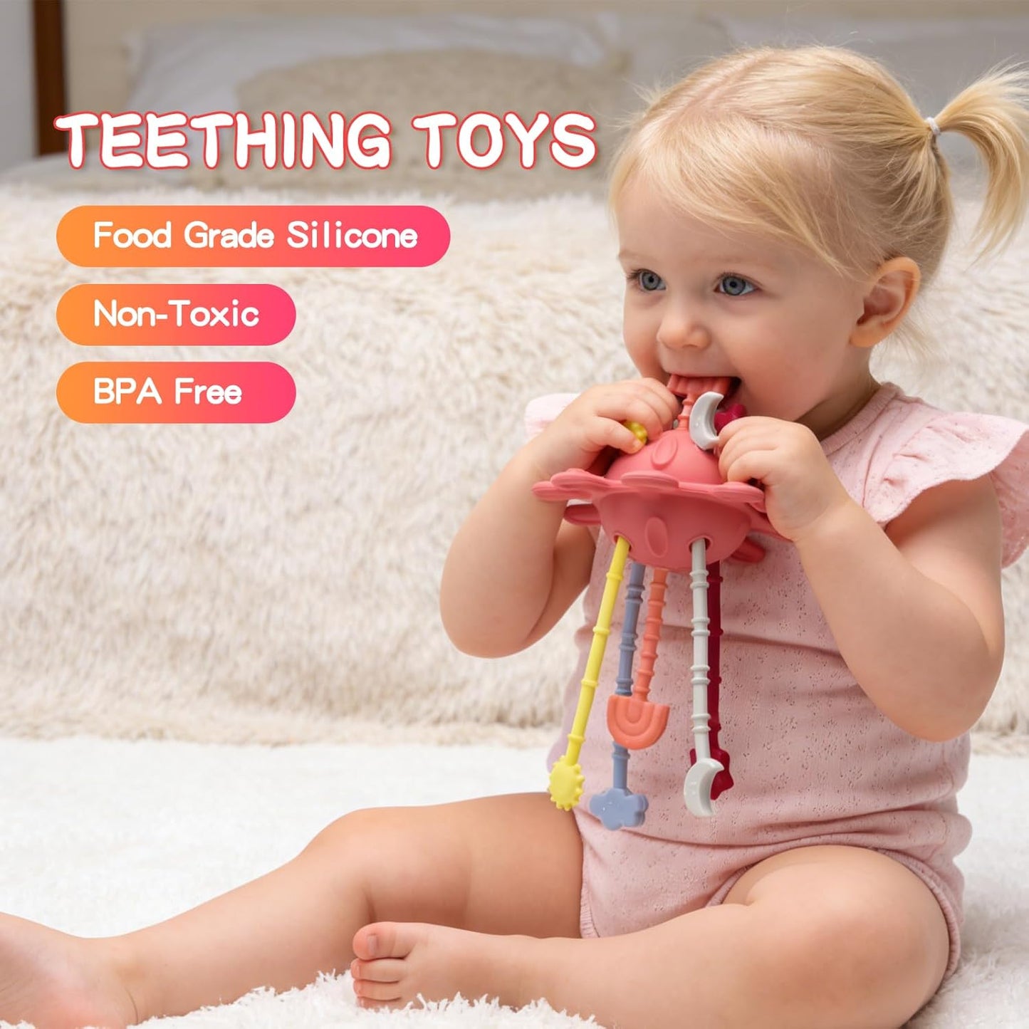 Food Grade Silicone Pull String Baby Toy, Montessori Pull String Sensory Toy for 18 Months Babies Teething Toys (Navy Blue)