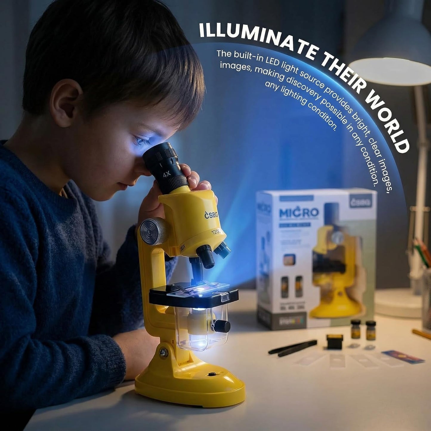 Kids Microscope Kit with LED Light - 100X/400X/1200X Magnification for STEM Learning, 12 Prepared Slides, Easy-to-Use Science Learning Kit (Ages 5-12) - Yellow