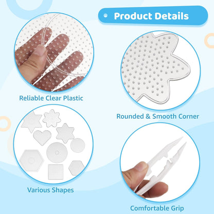 45 PCS Fuse Beads Pegboards Kit, Clear Plastic Peg Boards with 39 Templates in 10 Shapes and 6 Tweezers, 5 mm Bead Boards Craft Supplies for Little Ones DIY Beads Projects