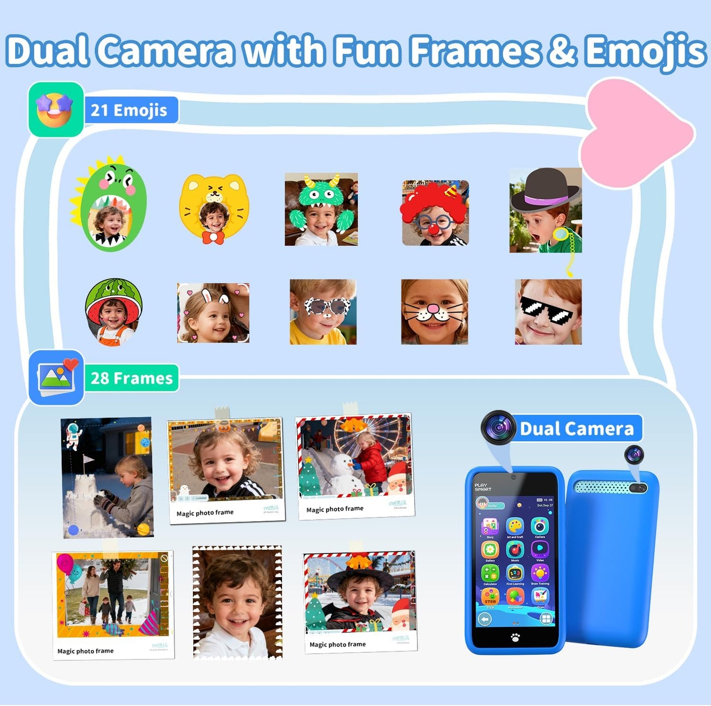 MOMILLA Kids Smart Phone Toys for Girls, 3.97” Touchscreen, Dual Cameras with Stickers, 200+ Games & 16GB Storage, Christmas Birthday Gifts for Kids Age 3-10, Educational Mini Toddler Play Phone Toy