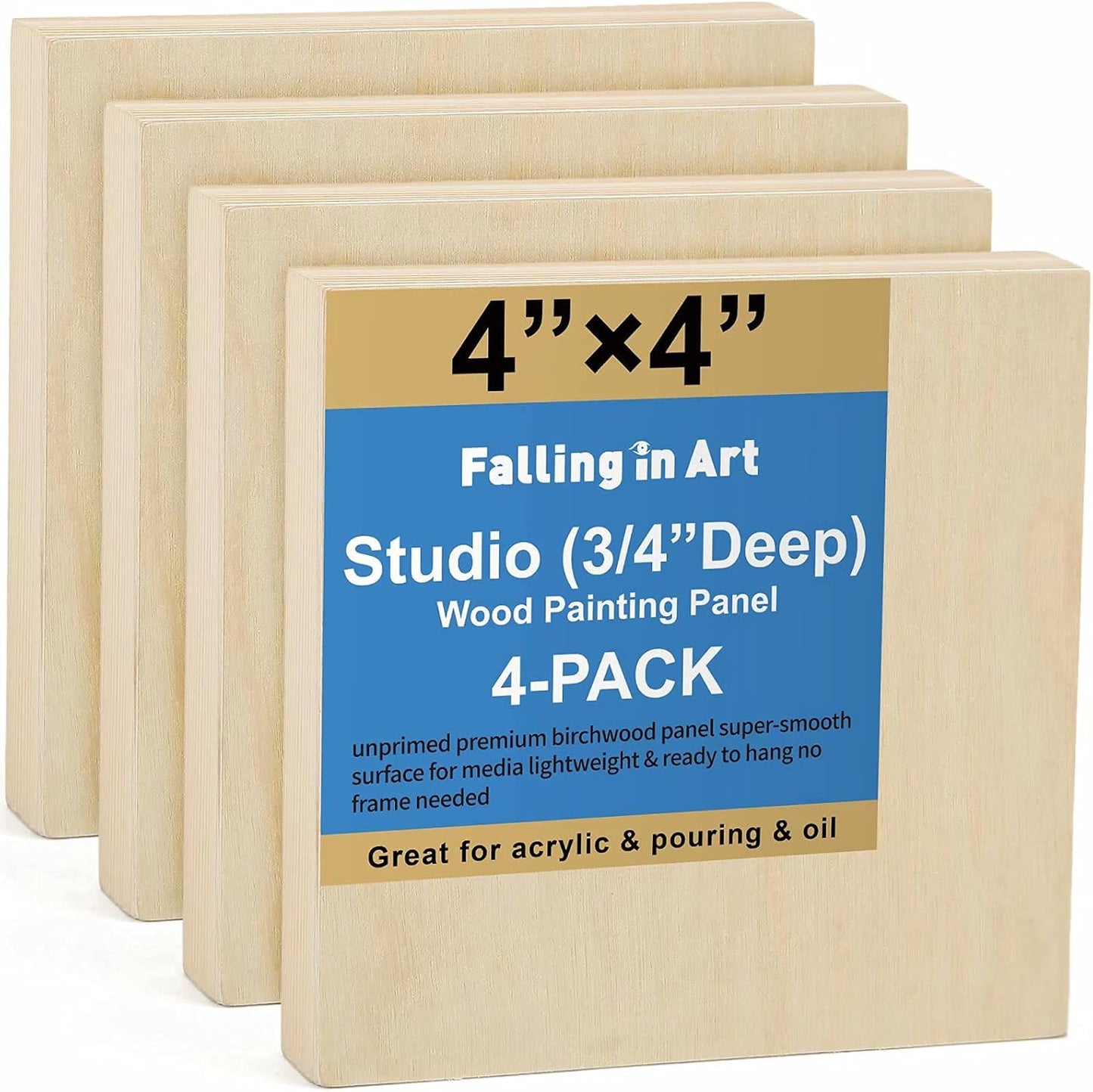 Falling in Art Unfinished Birch Wood Canvas Panels Kit, 4 Pack of 8x10’’ Studio 3/4’’ Deep Cradle Boards for Pouring Art, Crafts, Painting, and More