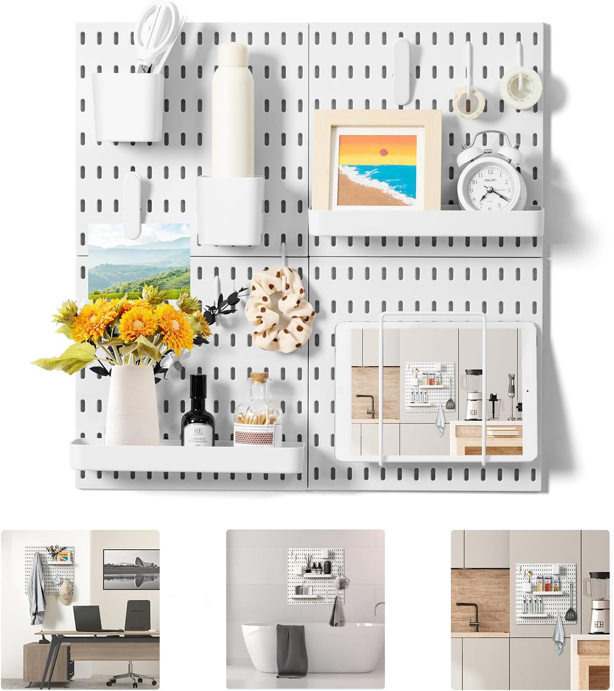 VUSIGN Pegboard Combination Wall Organizer Kit, 4 Pieces Pegboards and 17 Accessories Modular Hanging, Wall Mount Display Peg Board Panel Kits for Bedroom, Home, Office, Bathroom, 22" x 22", Pink