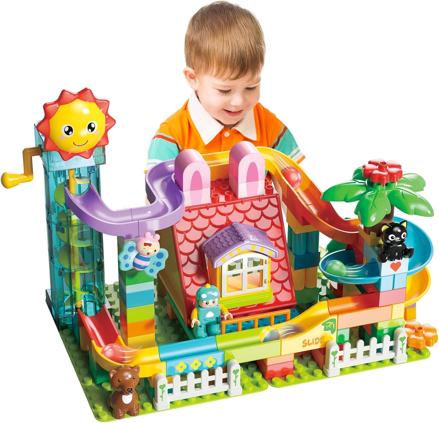 Kid Marble Run Building Blocks with Elevator Spiral Lift,Gift Toy Bricks Marble Maze Ball Race Track Set with Motorized Elevator,Big Blocks Educational STEM for 3 4 5 6 7 8 Year Old Boys Girls