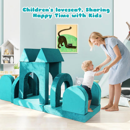 Tangram Puzzles modular kids play couch building fort, Children explorer sofa with Ball Pit, Kids playroom convertible furniture for Inspiring Child Creativity, Made entirely of sponge (Blue Series)