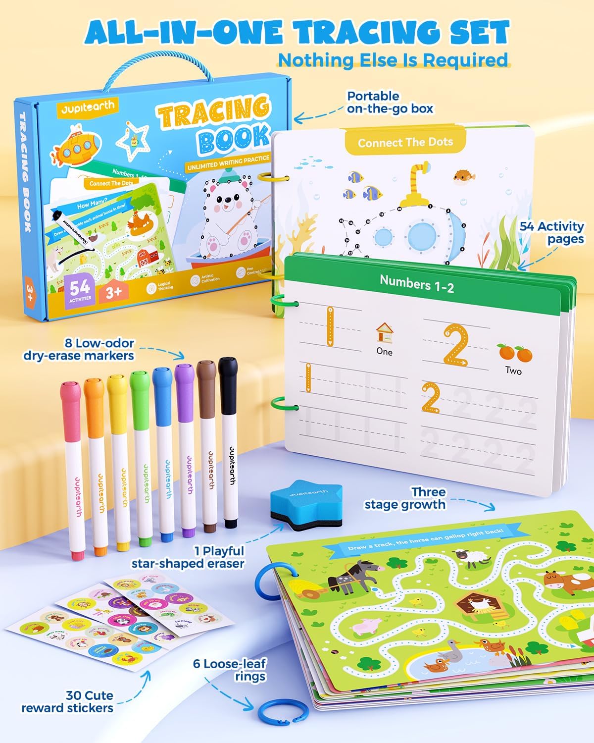 Preschool Learning Activities 54 Reusable Pages, Tracing Books for Kids Ages 3-5, Toddler Activities Busy Book, Handwriting Practice Kindergarten Workbooks, Educational Toys for 3 4 5 Year Old