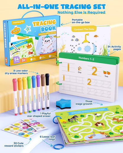 Preschool Learning Activities 54 Reusable Pages, Tracing Books for Kids Ages 3-5, Toddler Activities Busy Book, Handwriting Practice Kindergarten Workbooks, Educational Toys for 3 4 5 Year Old