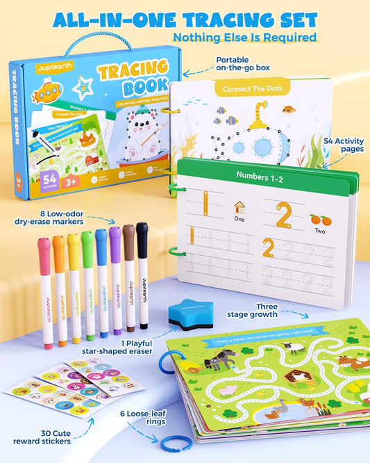Preschool Learning Activities 54 Reusable Pages, Tracing Books for Kids Ages 3-5, Toddler Activities Busy Book, Handwriting Practice Kindergarten Workbooks, Educational Toys for 3 4 5 Year Old