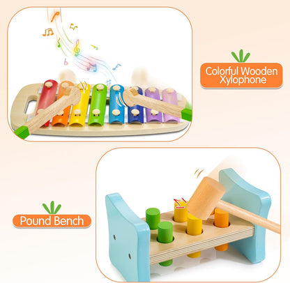 WOODMAM Montessori Toys for Babies 7-12 Months, 9 in 1 Educational Wooden Toys Set, Includes Object Permanent Box, Stacking Cups, Mirror Puzzle, Ring Stacker and More