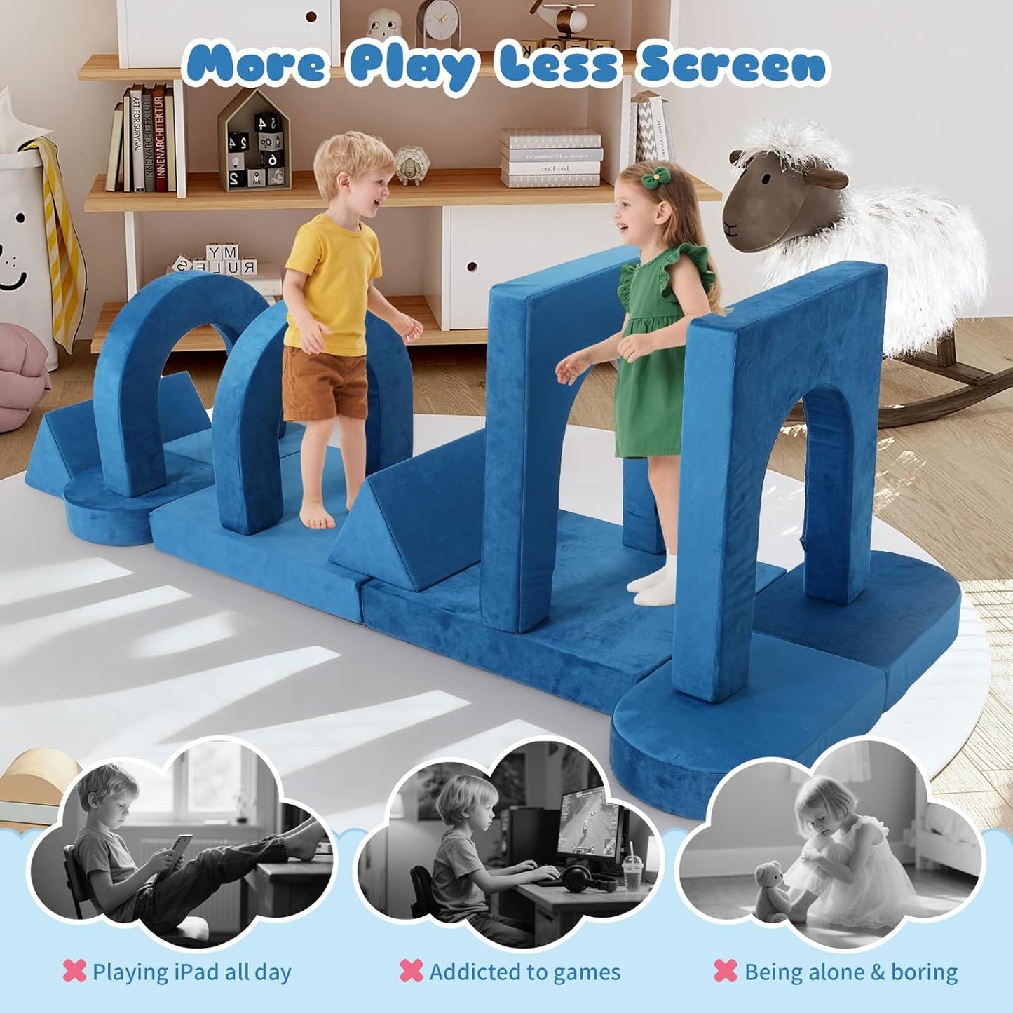 Tangram Puzzles modular kids play couch building fort, Children explorer sofa with Ball Pit, Kids playroom convertible furniture for Inspiring Child Creativity, Made entirely of sponge (Blue Series)
