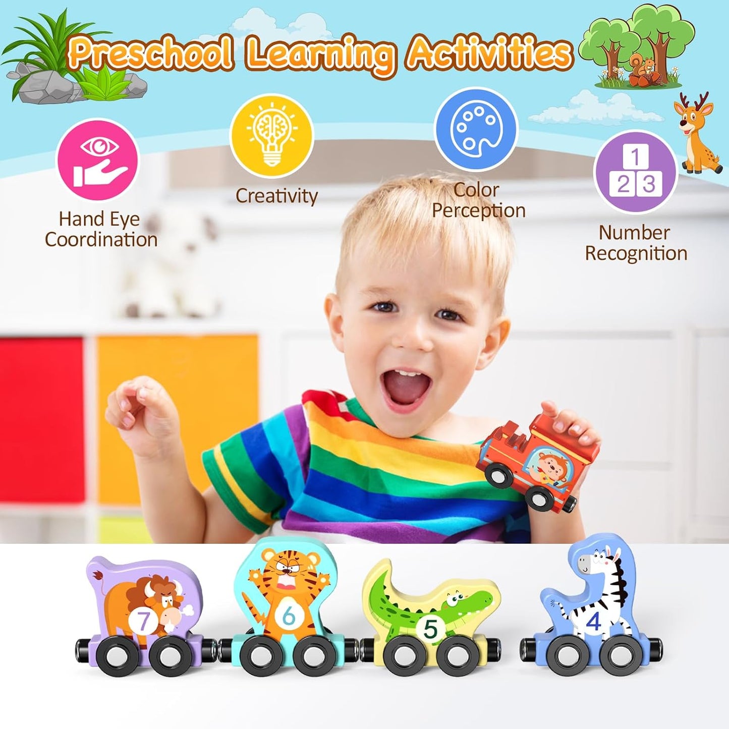 Zeoddler Toys for Toddlers, 11 Magnetic Wooden Animals Train Set, Montessori Toys for Toddlers, Preschool Learning Activities for Kids, Birthday Gifts for Boys, Girls