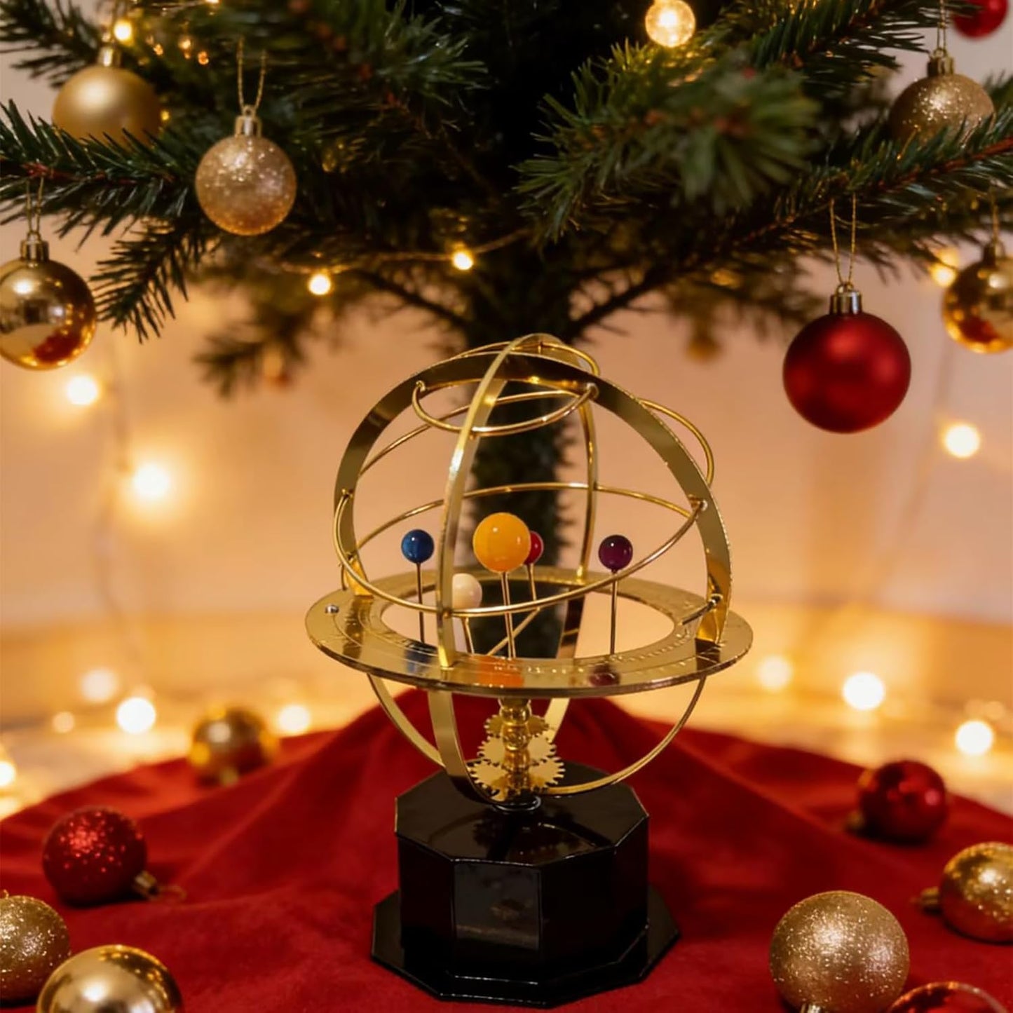 Rotating Solar System Metal Ornament - Handcrafted Orrery Model with 5 Planets, Educational Desk Decor for Astronomy Enthusiasts, Home & Office Decoration (Black)