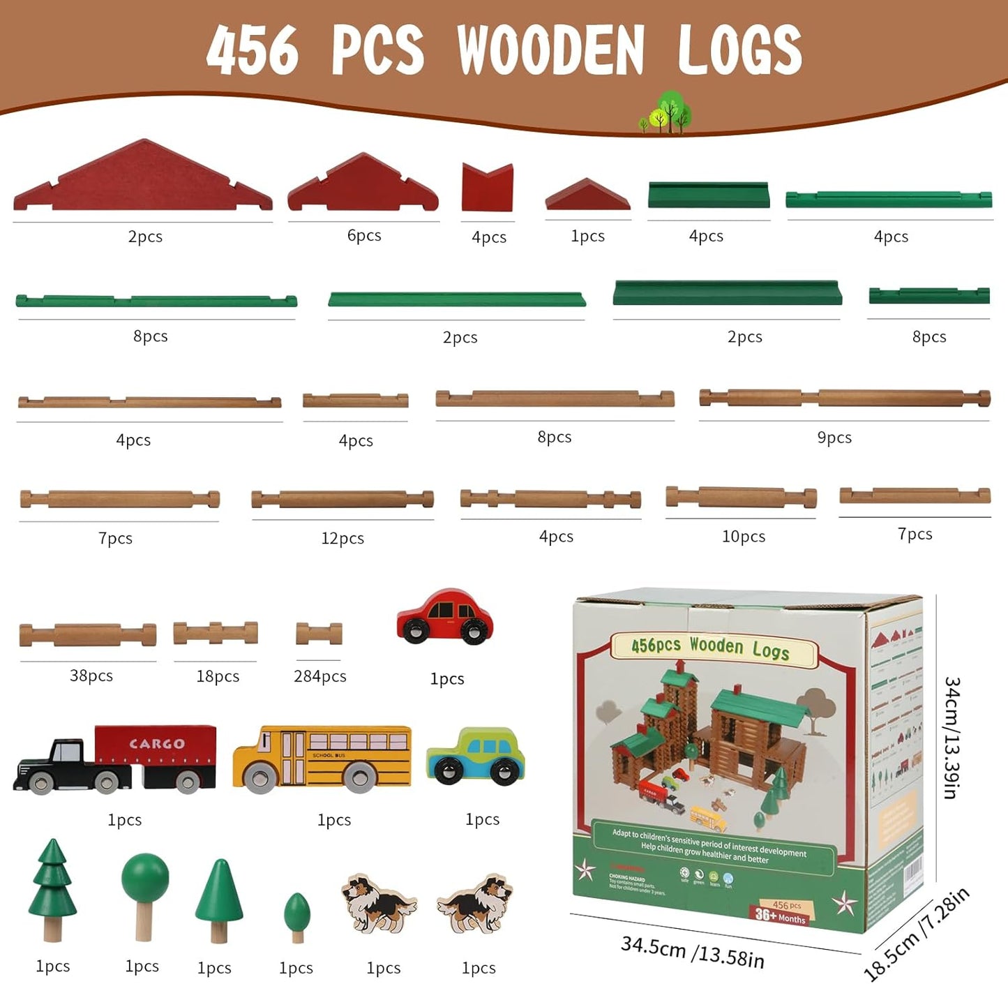 Wondertoys 208 Pcs Wooden Log Set - Classic Building Logs Ages 3+ - Best Retro Building Gift Set for Boys - Creative Construction Engineering Educational Gifts