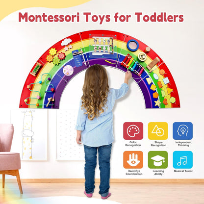 Rainbow Sensory Wall Panel for Toddlers 1-3 - Large Wooden Busy Board Wall Mount - 13-in-1 Montessori Activity Center for Daycare, Autism Sensory Room, Preschool Learning & Nursery Decor