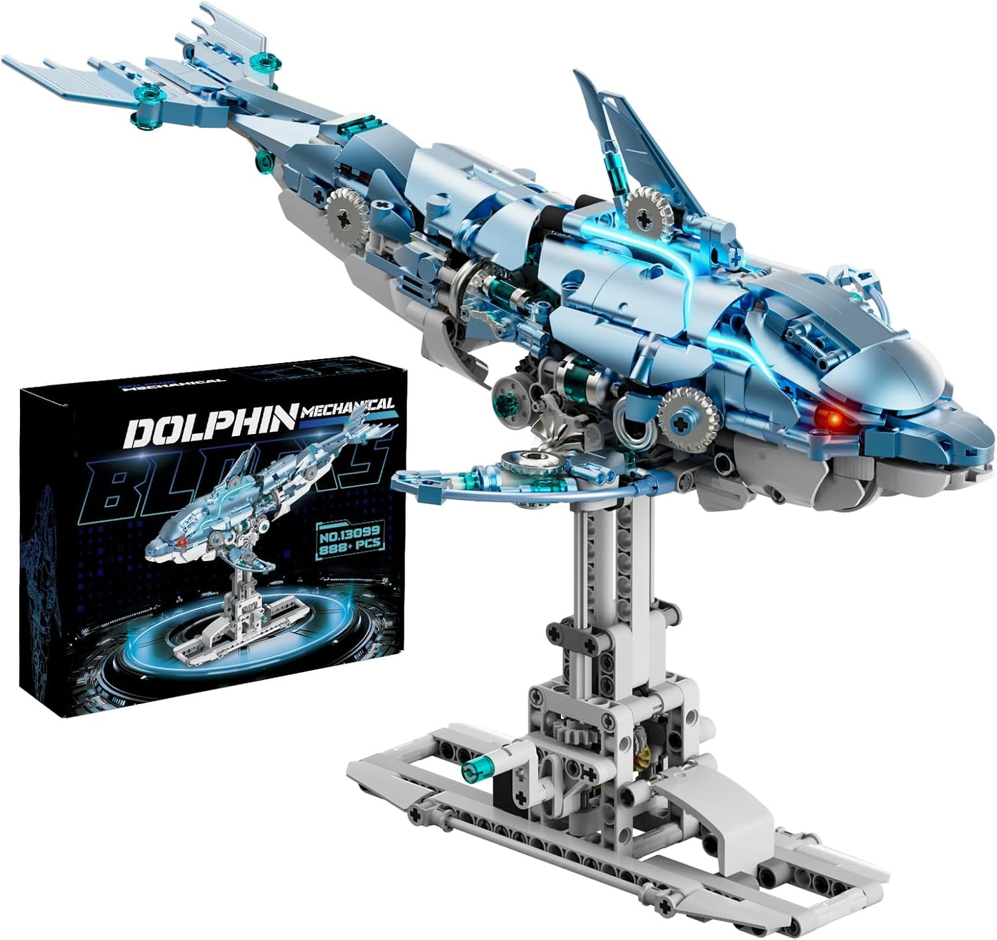 Mechanical Blue Dolphin Building Blocks Set Hand-Operated Motion, Detailed Gear Design, Display & Play Model Futuristic Ocean Animal Model
