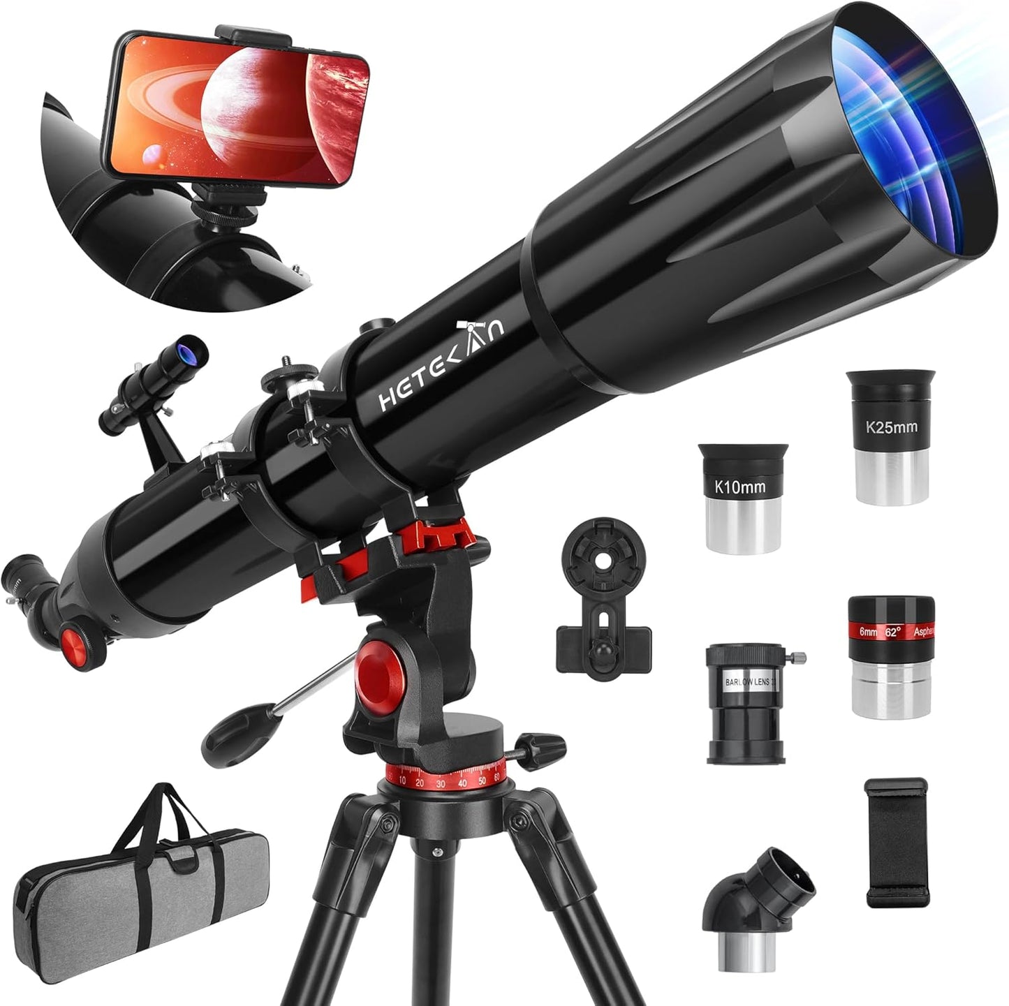 HETEKAN Telescope, Telescope for Adults High Powered, 90mm Aperture 900mm Refractor Telescopes for Kids & Beginners, Magnification 450X,for Planet Observation with Stainless Tripod & Phone Adapter