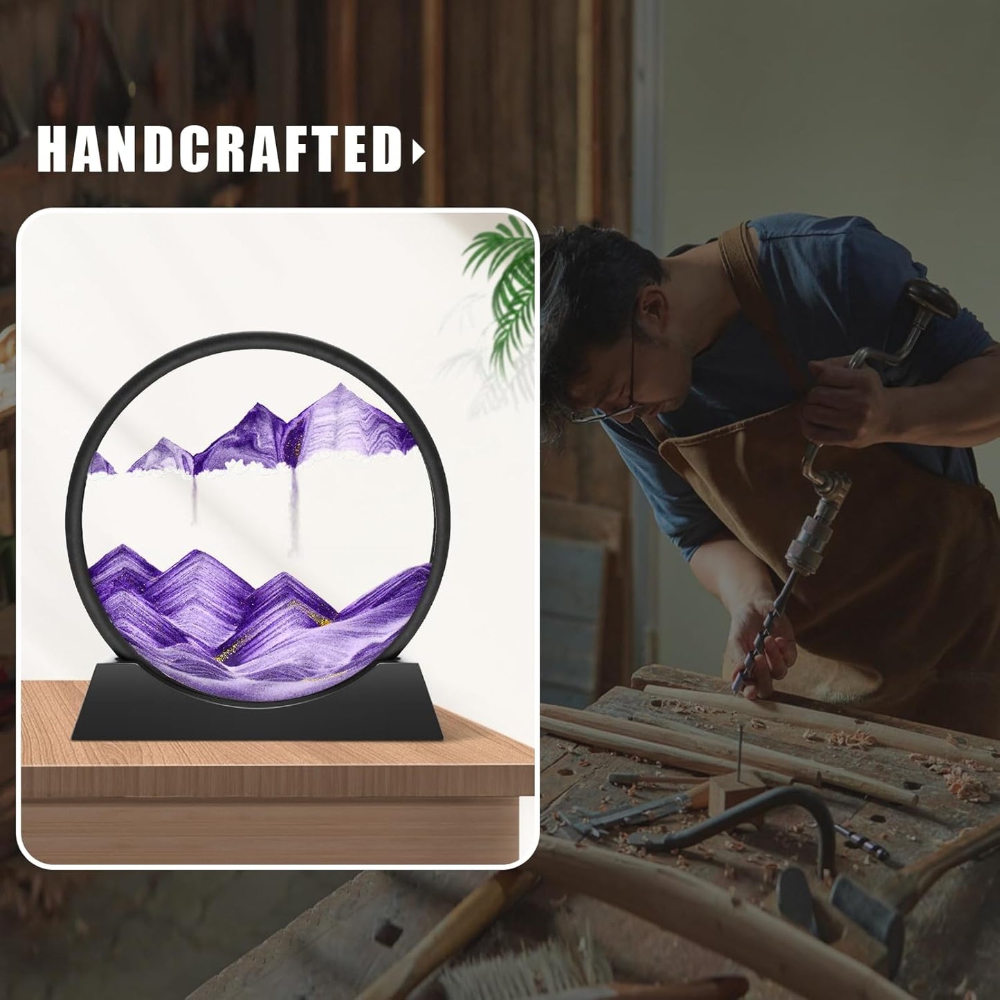 Wai Danie Moving Sand Art Picture 3D Hourglass Deep Sea Sandscape Liquid Motion Display Painting Flowing Sand Frame Relaxing Desktop Home Office Work Decor (Black, 12 Inches)