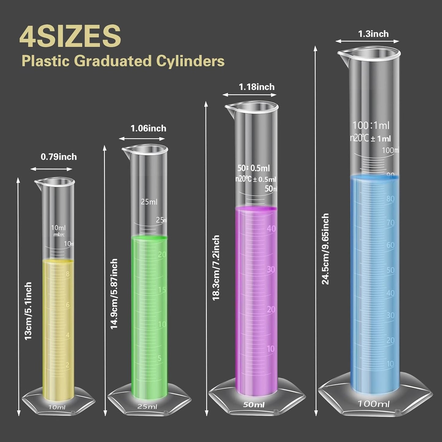 Plastic Graduated Cylinder and Beaker Set, 10ml 25ml 50ml 100ml Graduated Cylinders, 50ml 100ml 250ml 500ml 1000ml Plastic Science Beakers, Ideal for School and Kid Science Lab