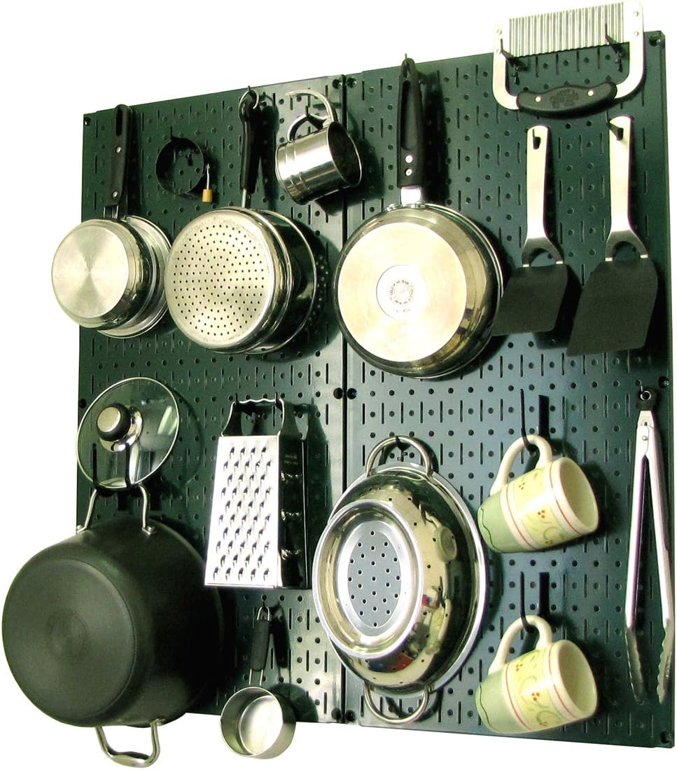 Wall Control Kitchen Pegboard Organizer Pots and Pans Storage Rack Organization Kit with Green Pegboard and White Accessories