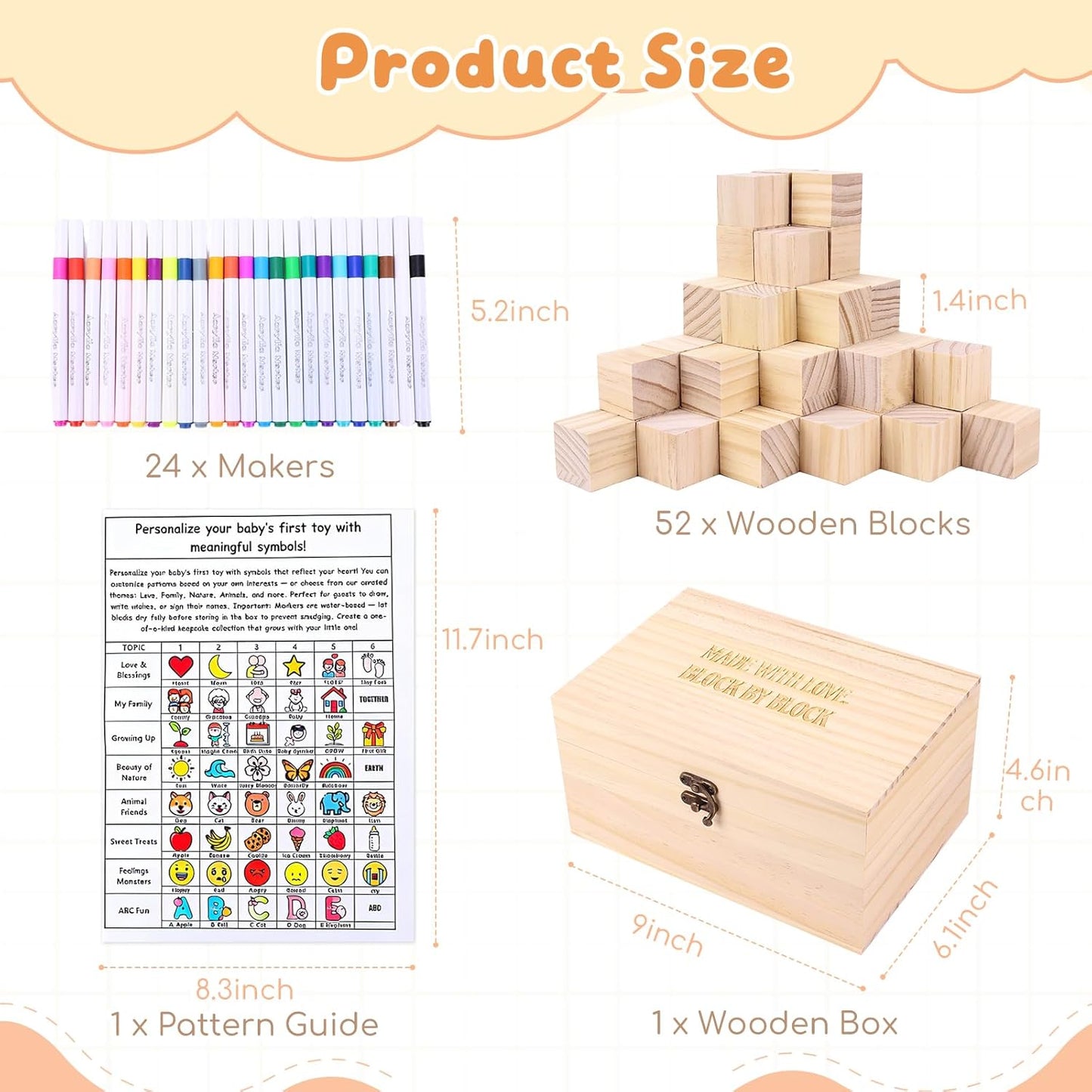 79 PCS Baby Shower Game Kit, Fun Baby Shower Blocks Decorating Game Includes 52 Wooden Blocks, 24 Markers, 1 Game Sign, 1 Storage Box and 1 Pattern Guide, Suitable for Boys and Girls, Natural Wood