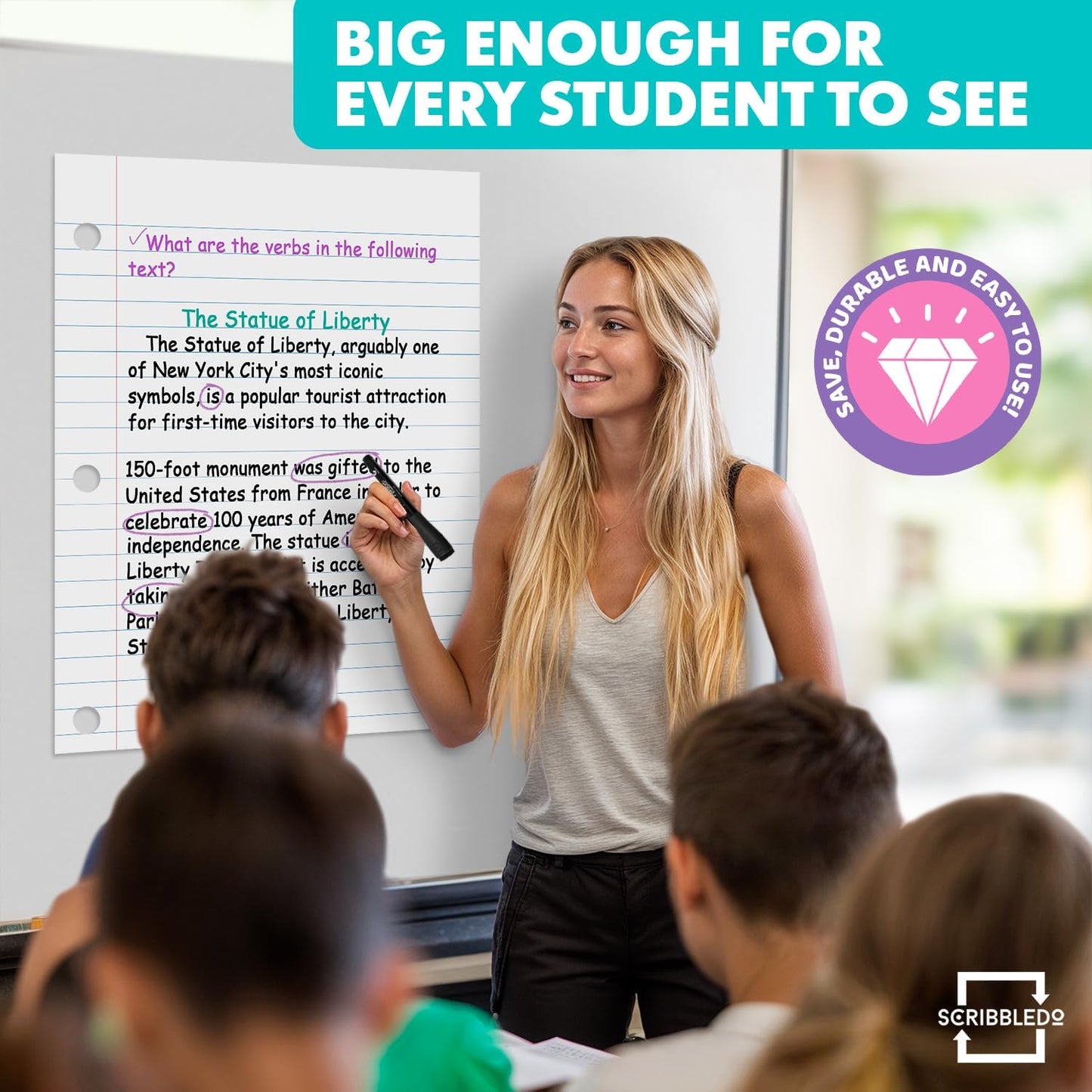SCRIBBLEDO 24” x 30” Giant Magnetic Notebook Paper For Classroom Elementary Classroom Must Haves for Teachers Elementary Dry Erase Magnetic Lined Paper for Whiteboard Notes Lists and Handwriting