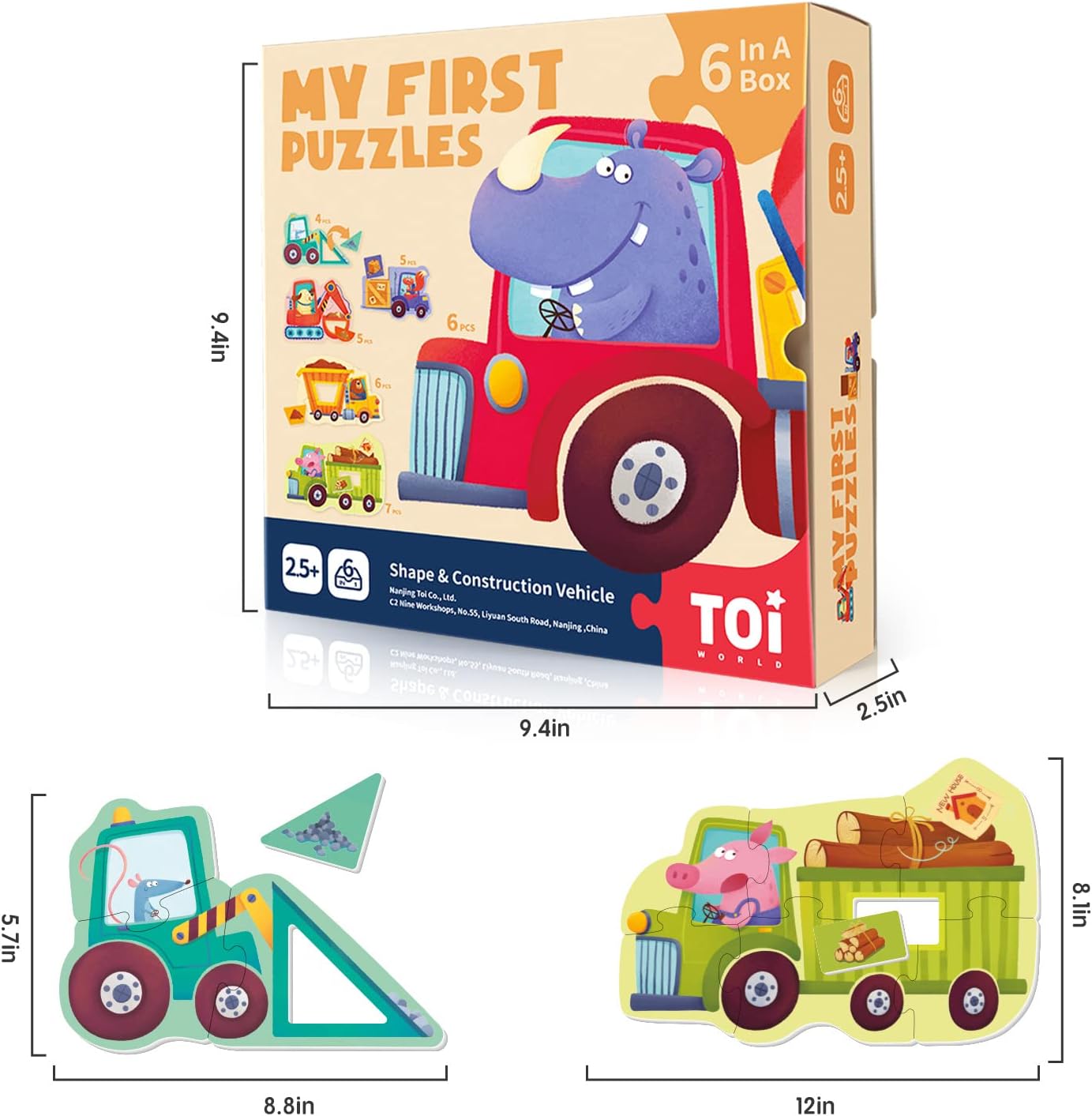 Toi 6 Packs Large Piece Toddler Jigsaw Puzzles for Kids Aged 2.5+, Animal Shaped Floor Puzzles for Beginner, Preschool Learning Game for Boys Girls, Traffic