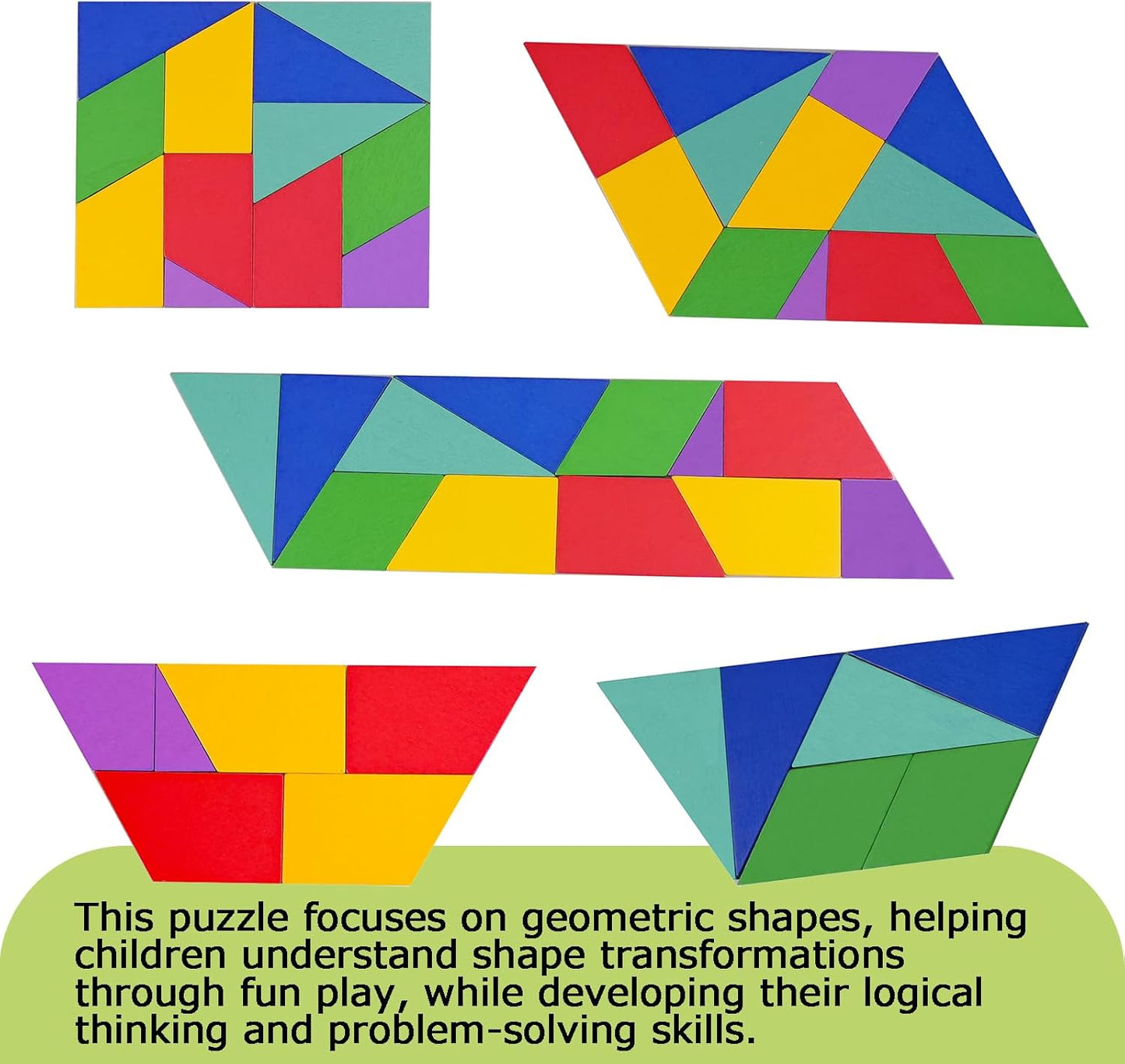 KINGOU Wooden Hexagon Puzzle Tangram for Kids and Adults, 12 Large Pieces Montessori Geometric Shape Brain Teasers, STEM Logic Game Learning Toy, Creative Desktop Coffee Table Travel Puzzle Gift