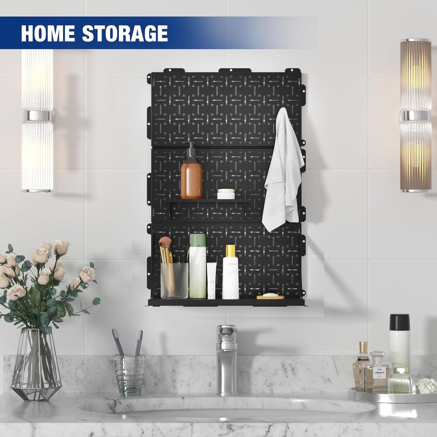 WORKPRO 16”x 16” Metal Peg Board, Foldable Black Pegboard for Wall Organization, Steel Panel with Round Holes & Vertical Slots, Ideal Tool Organizer in Office and Craft Room, 3 Pack