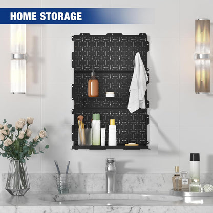 WORKPRO 16”x 16” Metal Peg Board, Foldable Black Pegboard for Wall Organization, Steel Panel with Round Holes & Vertical Slots, Ideal Tool Organizer in Office and Craft Room, 3 Pack