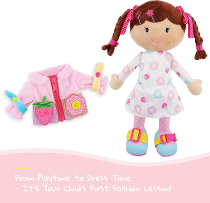 June Garden 16" Dressy Friends Bunnie - Educational Stuffed Plush Doll for Kids and Toddlers 2 Years and Up - Montessori Soft Toy Doll