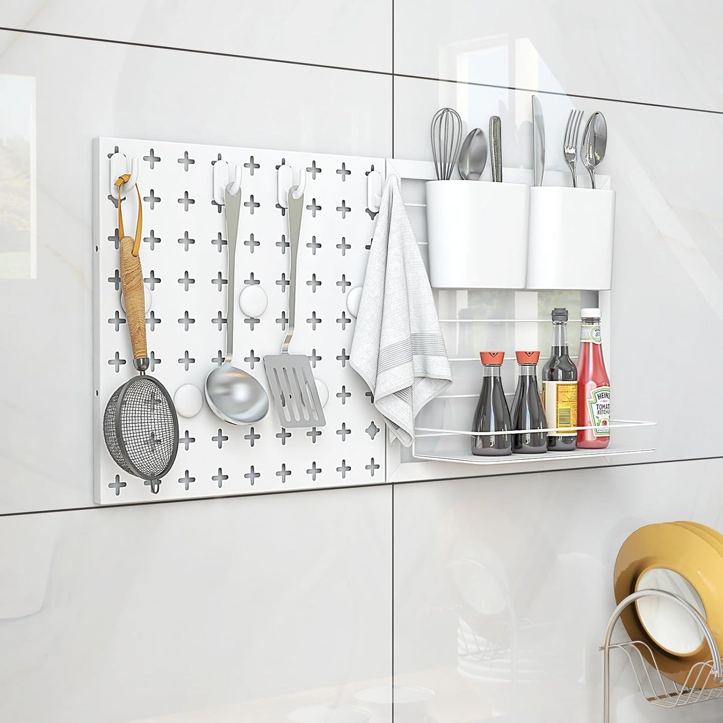 Goplus Peg Board, Metal Pegboard Kit with 2 Pegboard Panels, 12 Accessories, Storage Rack, 2 Storage Containers, Magnets & Hooks, White Pegboard Wall Organizer for Office Kitchen Home