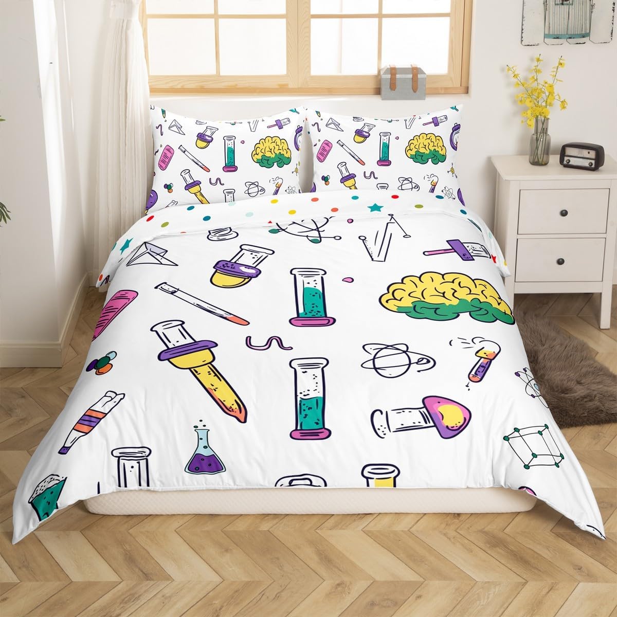 Erosebridal Science Theme Bedding Set Queen Size for Boys Girls Chemistry Periodic Table Print Duvet Cover Chemical Subject Theme Comforter Cover Teens Kids Math Science Atyle Bedspread Cover 3 Pcs