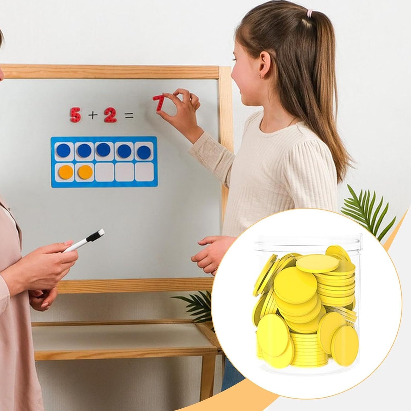 100 Pieces 1 inch Math Manipulatives Counting Chips Discs Sturdy Versatile Accessory for Game Activities with Storage Box, Yellow