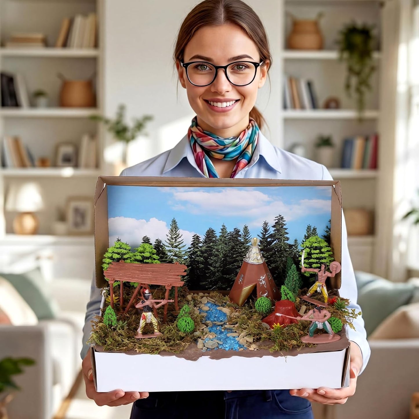 Teyva Daily 48 Pcs Dinosaur Diorama Kit Habitat Project Box Set 3D Dinosaurs Diorama Supplies Include Dinosaurs Model Figures & Eggs Volcano Artificial Trees with Cardboard for DIY Crafts Gifts