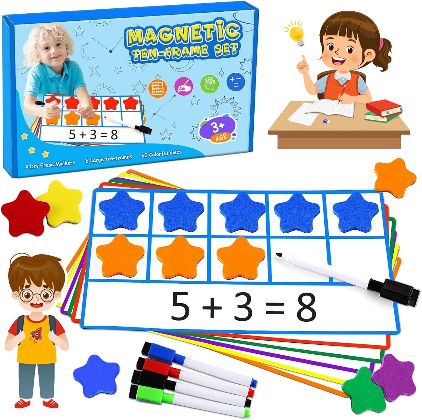 LOOIKOOS Magnetic Ten-Frame Set,Math Manipulative Games for Kids Number Counting Games,Montessori Educational Toy for Kindergarten Preschool 3 4 5 Year Old