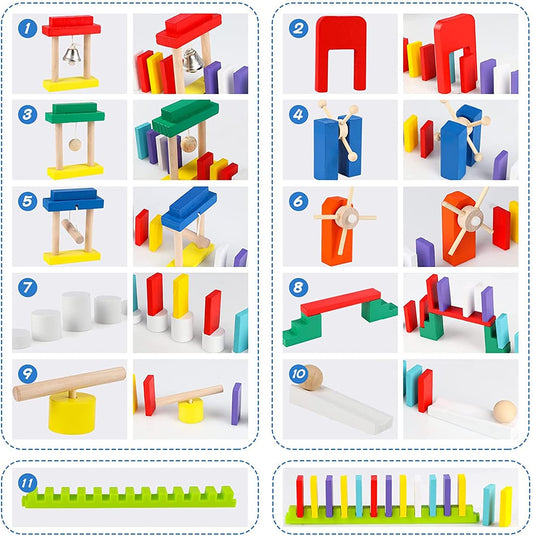 Joqutoys 600 PCS Dominoes Set for Kids, Wooden Domino Building Blocks, 6 Colors Bulk Dominoes Racing Tiles Games with Extra 26 Add-on Blocks and Storage Bag, Educational Toys for Kids Birthday Party