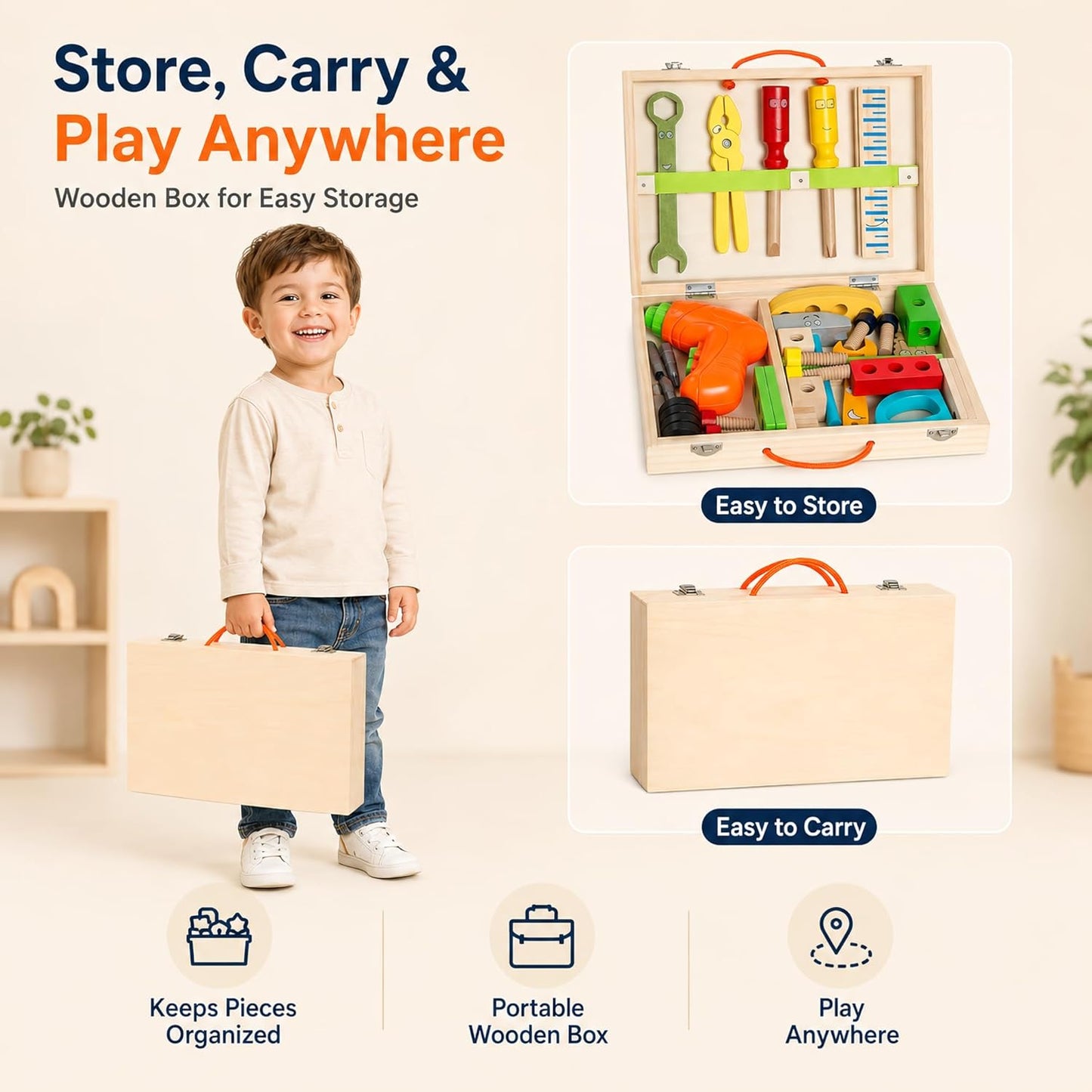 Kids Tool Set with Drill, Montessori Toys for 2 3 4 5 6 Years Toddler Toys Kids Toys, 41 Pcs Wooden STEM Construction Learning Pretend Play Games, Birthday Gift for Boys Girls