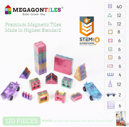 MEGAGONTILES Marble Run Magnetic Tiles Set 120PCS | STEM-Authenticated Magnetic Building Blocks with Marble Track Pieces | Educational Construction Toy for Kids Ages 3–8 (Boys & Girls)
