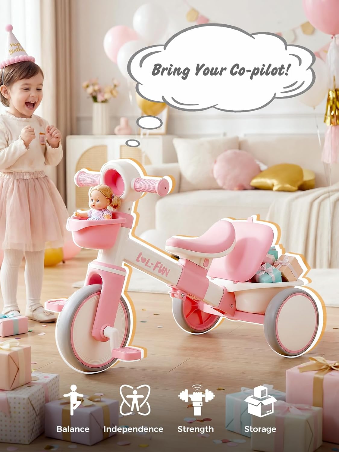 Tricycle for Toddlers 1-3 Years Old Toy, Adjustable Kids Bike for Boys Girls Birthday Gift Age 2-4, Baby Trike with Storage Baskets & Removable Pedals