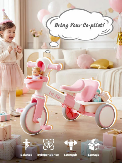 Tricycle for Toddlers 1-3 Years Old Toy, Adjustable Kids Bike for Boys Girls Birthday Gift Age 2-4, Baby Trike with Storage Baskets & Removable Pedals