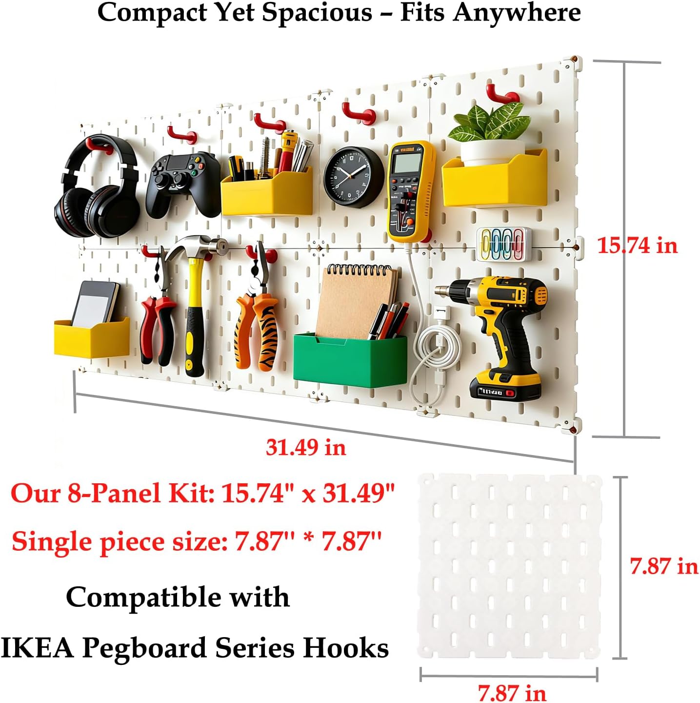 Kulle Peg Board,8 Pack Pegboard Wall Organizer,Plastic Pegboard Panels,Easy Install Heavy Duty Peg Board for Walls Home, Garage Tool Storage, Office Organization, Craft Room, Kitchen(White)