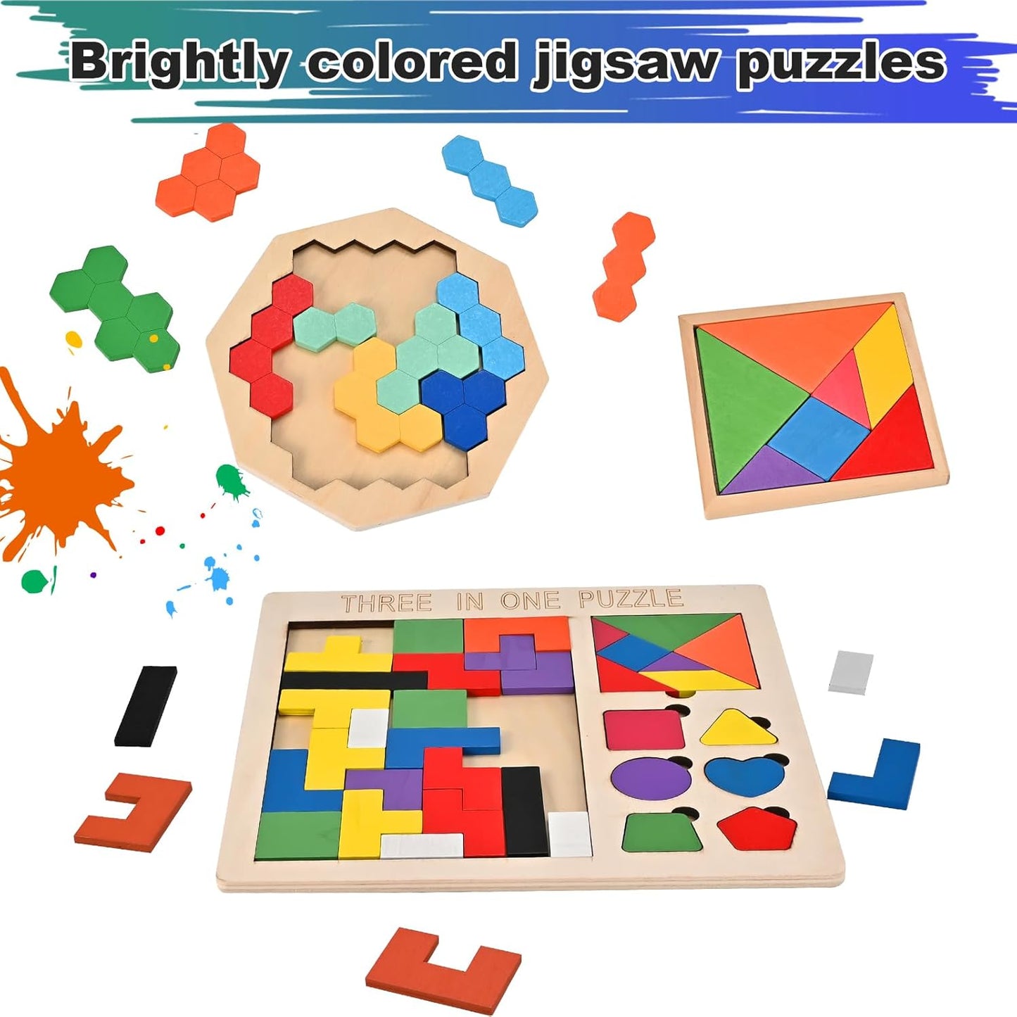 3 PCS Wooden Blocks Puzzles, 3-in-1 Russian Blocks Puzzle, Octagon Puzzle, Tangrams Puzzles, Brain Teaser Puzzles Game, Montessori STEM Educational Toys Gifts for Kids and Adults