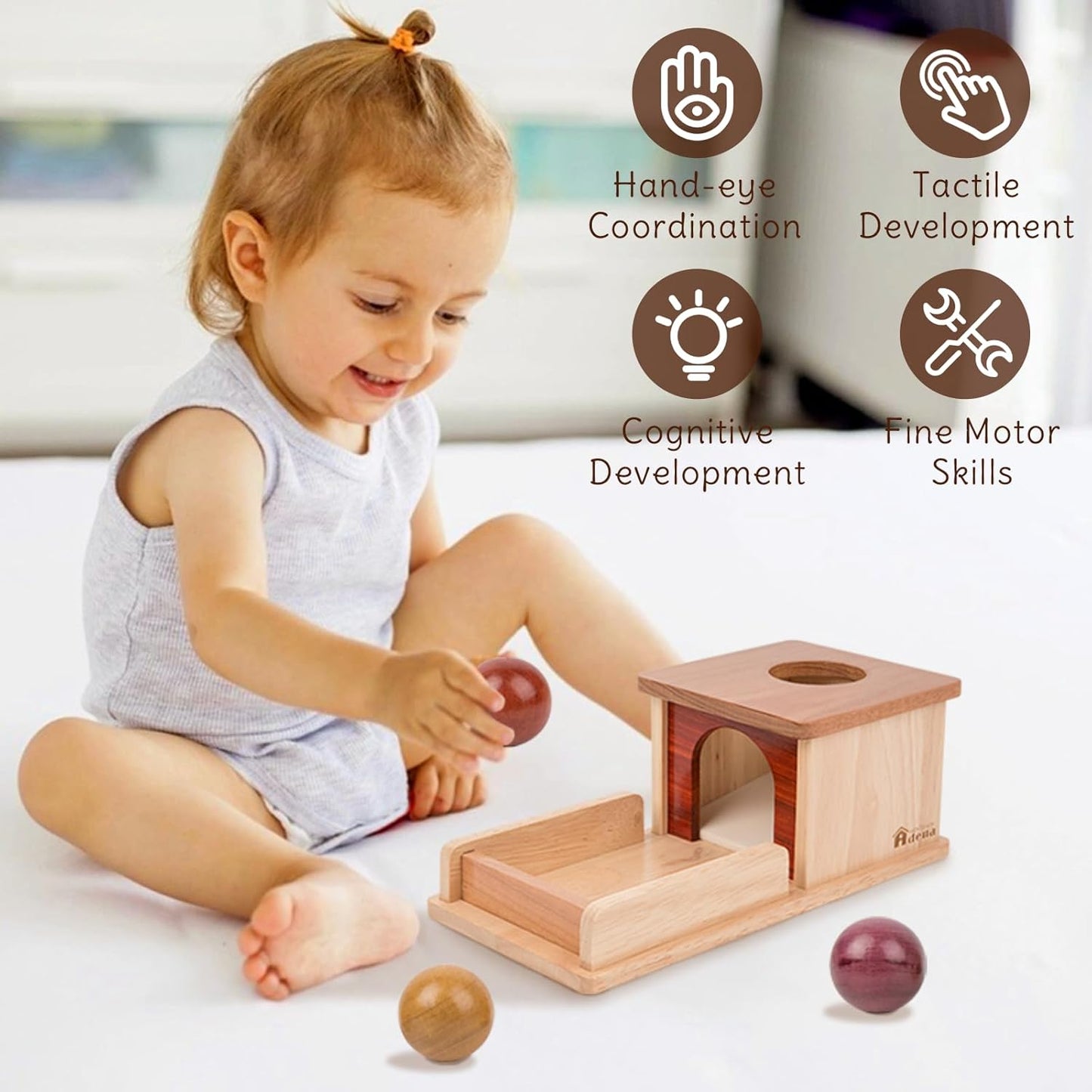Adena Montessori Wooden Toy for 6-12 Month Baby 3 Balls with Tray, Object Permanence Box Colorful Learning Education Toy for Toddler Kid 1-2 Year Old, Preschool Developmental Girl and Boy Gift