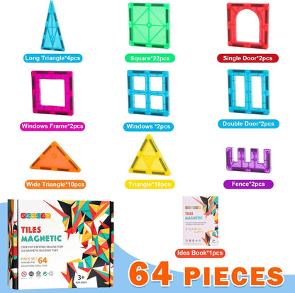 OugerToy 32-Pack Magnetic Tiles–Rainbow Builder Set, 2.95in STEM Construction Kit with Transparent Windows, Expand Creative Play for Kids
